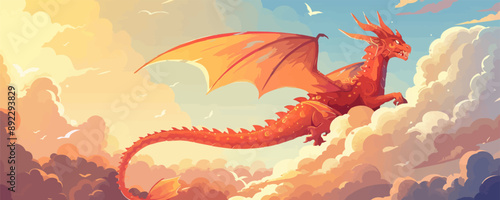 Fantasy dragon soaring through a cloudy sky. Vector flat minimalistic isolated illustration.