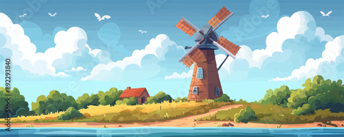 Wooden windmill turning in a gentle breeze. Vector flat minimalistic isolated illustration.