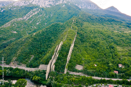 Aerial view of rock formations Ritlite at Iskar River Gorge, Balkan Mountains, Bulgaria
 photo