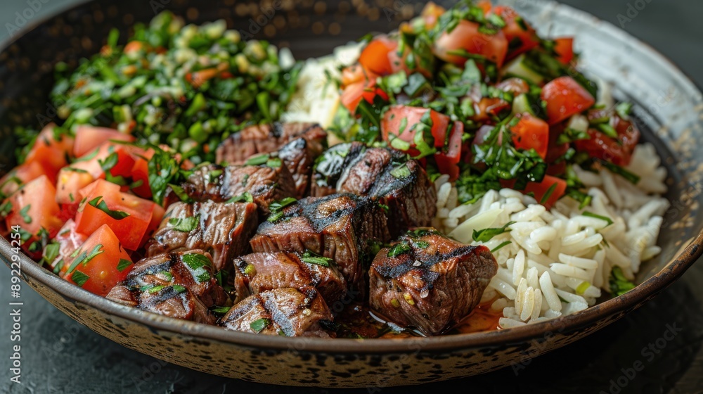 Grilled Steak Bowl with Rice, Tomatoes and Salad Grilled Steak Bowl with Rice, Tomatoes and Salad
