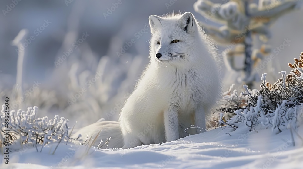 Arctic fox in snow with winter coat blending into the icy landscape, survival in extreme conditions, wildlife portrait Arctic fox in snow with winter coat blending into the icy landscape, survival in extreme conditions, wildlife portrait