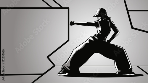 Advertising banner with silhouette of girl hip hop dancer in stylish movement with space for text