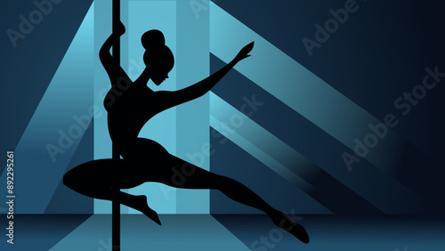 Sophisticated silhouette of a pole dancer on a pylon on a dark stage with spotlights. Background with free space for text