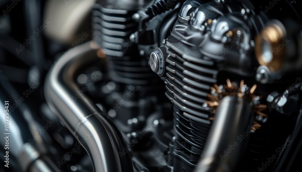 Close-up of a motorcycle engine, showing intricate details and chrome accents. Close-up of a motorcycle engine, showing intricate details and chrome accents.
