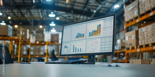 A computer monitor displaying data analytics dashboards in a warehouse setting,