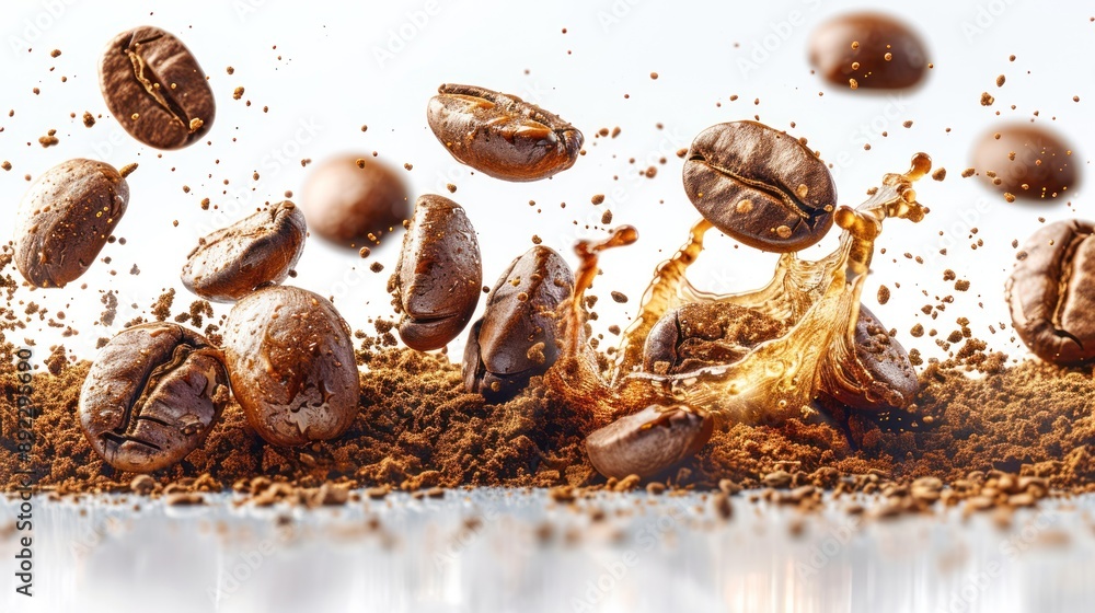 Coffee Beans Splashing into Ground Coffee Coffee Beans Splashing into Ground Coffee