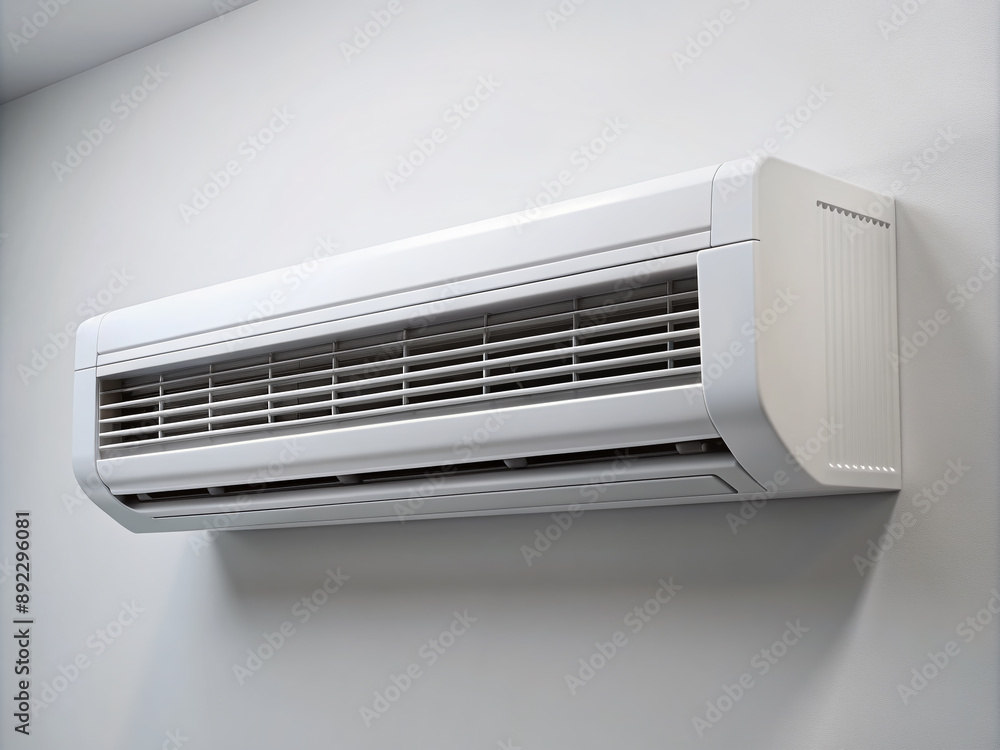 Modern sleek indoor climate control unit with dual cold and warm airflow vents, mounted on white wall, suitable for home and office use. Modern sleek indoor climate control unit with dual cold and warm airflow vents, mounted on white wall, suitable for home and office use.
