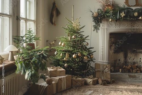 Festive Christmas tree with presents in cozy living room decor.