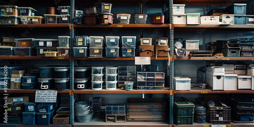 A neatly arranged storage system with shelves filled with plastic and metal containers. A neatly arranged storage system with shelves filled with plastic and metal containers.