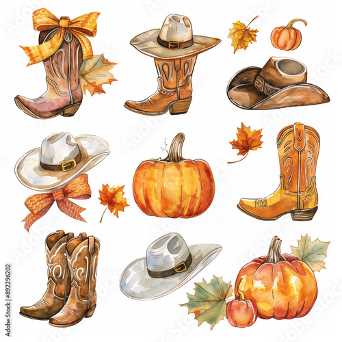 Watercolor fall illustration set. Pumpkin, straw hat, cowboy boots, hay,  fall colors, cowboy hat, orange bow, white background.