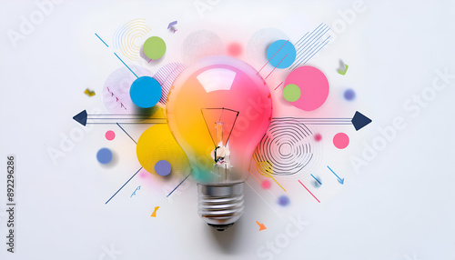 Colorful Lightbulb With Abstract Geometric Shapes and Arrows on White Background