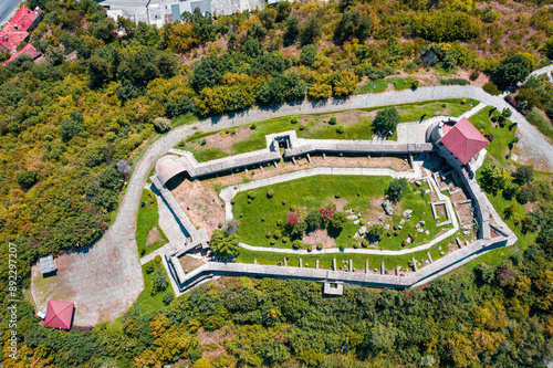 Peshtera, Bulgaria 08.21.2020 - Aerial view of the ancient Peristera fortress photo