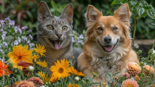 Feline and Canine Harmony: Cat and Dog Posing Artfully in a Serene Flower Garden Setting