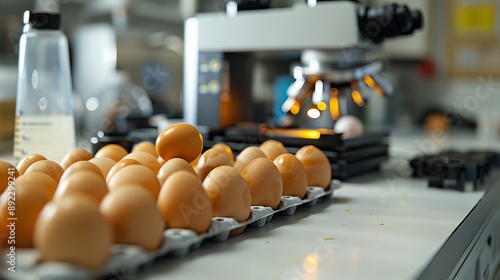 Quality control lab with chicken eggs in various testing stages, advanced technology, clean and organized workspace, ensuring high standards photo