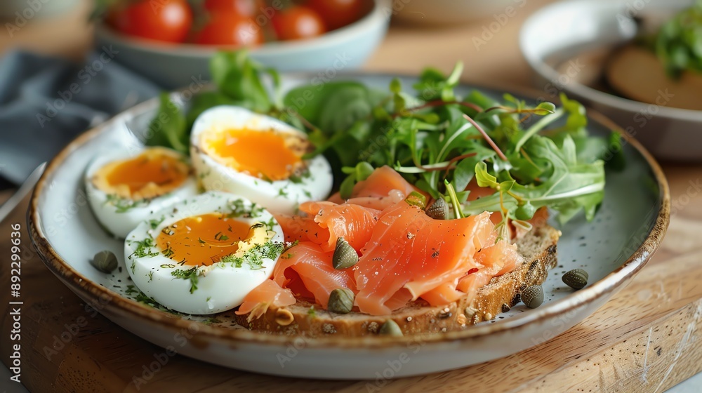 Elegant breakfast setting with boiled eggs, whole wheat toast, smoked salmon, capers, and a side of greens, stylish and modern kitchen Elegant breakfast setting with boiled eggs, whole wheat toast, smoked salmon, capers, and a side of greens, stylish and modern kitchen