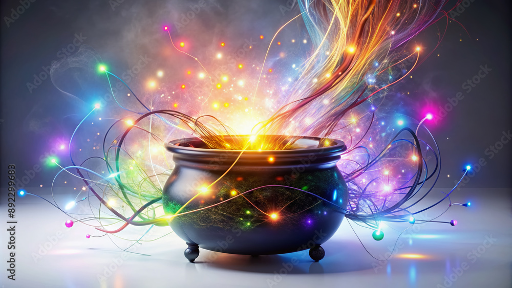 Glowing magical cauldron overflowing with colorful swirling mist and lights, surrounded by sparkling circuits and wires, merging fantasy with advanced technology on a clean white background. Glowing magical cauldron overflowing with colorful swirling mist and lights, surrounded by sparkling circuits and wires, merging fantasy with advanced technology on a clean white background.