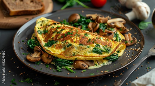 Fluffy omelet with sauteed mushrooms, spinach, and cheese, served with a side of whole wheat toast, vibrant and inviting breakfast scene