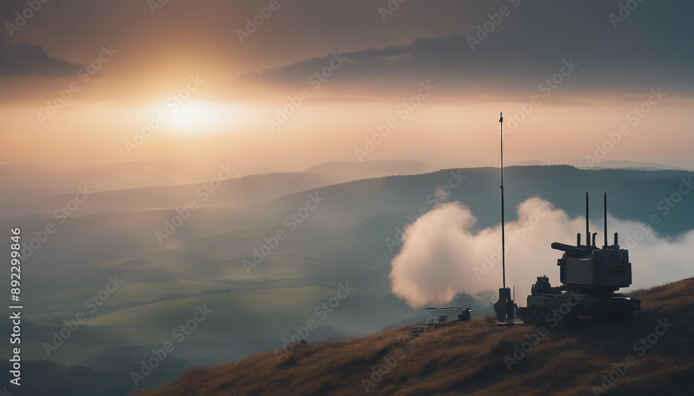 Fototapeta premium An air defense system positioned on a mountain ridge during sunrise, with mist rising from the valle