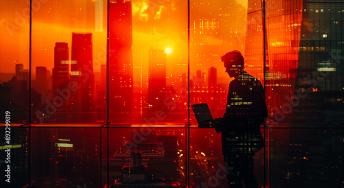 Silhouette of business person stands in the office and working laptop while end of day, and sunset above the downtown.