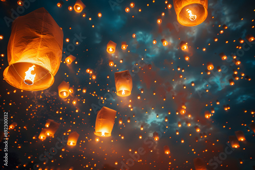 Yi Peng Festival, Thailand. It is also known as the Lantern Festival, as thousands of lighted balloons are released into the night sky, usually accompanied by prayers, wishes and other written message photo