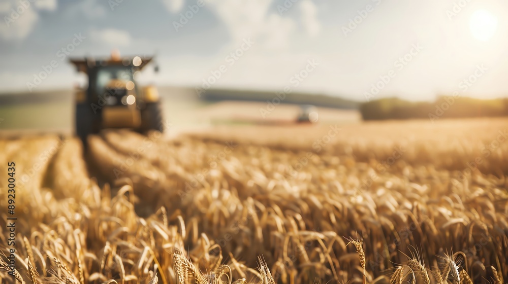 Obraz premium Golden wheat field with tractor in the background during harvest.