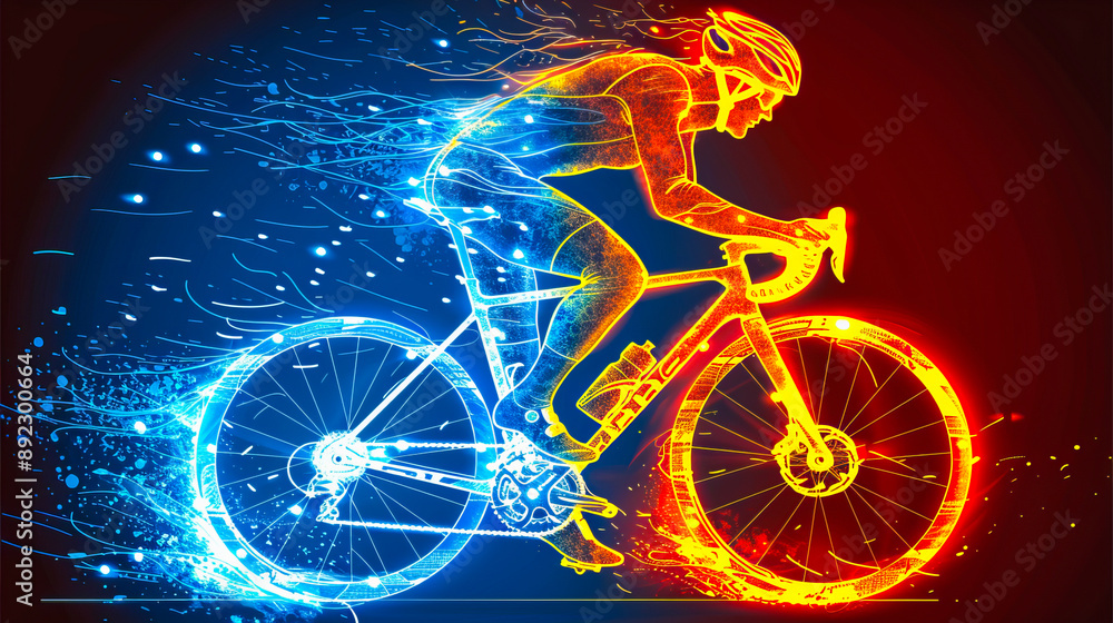 Fototapeta premium Professional cyclist riding bike leaving fire trail at night