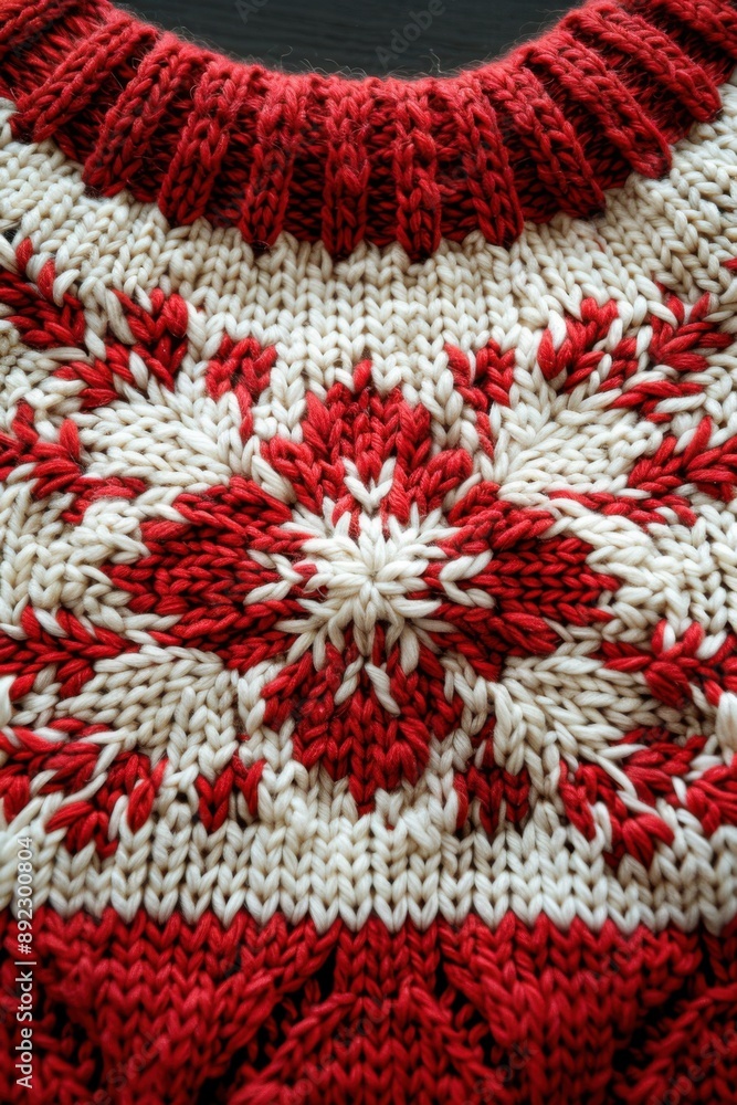 Red and white knitted sweater pattern with beautiful intricate design. Red and white knitted sweater pattern with beautiful intricate design.