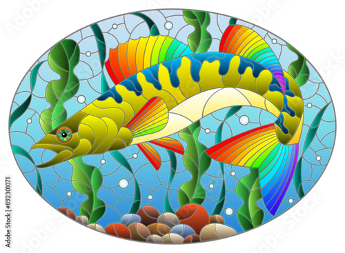 Illustration in stained glass style with an abstract pike perch fish on a background of algae, air bubbles and water, oval image