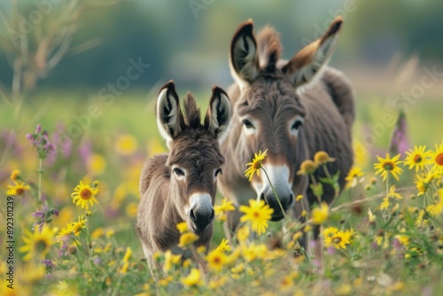 Baby Donkey. Cute baby donkey and mother on floral meadow photo