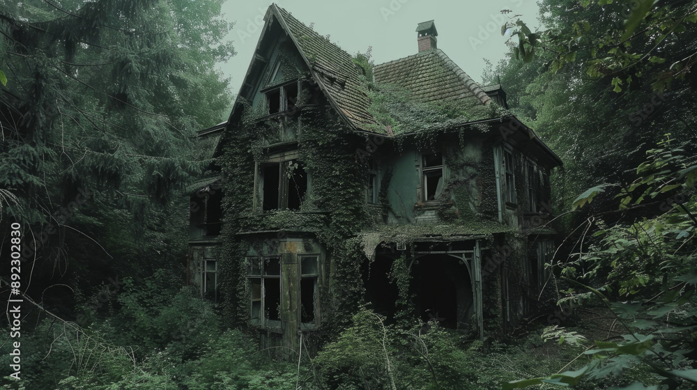A creepy abandoned house in a forest with overgrown vegetation and a spooky vibe. A creepy abandoned house in a forest with overgrown vegetation and a spooky vibe.