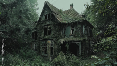 A creepy abandoned house in a forest with overgrown vegetation and a spooky vibe.