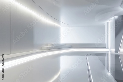 Modern Minimalist Stage. A sleek, contemporary stage with a clean, white background and sharp lines. The floor is glossy, reflecting light beautifully.