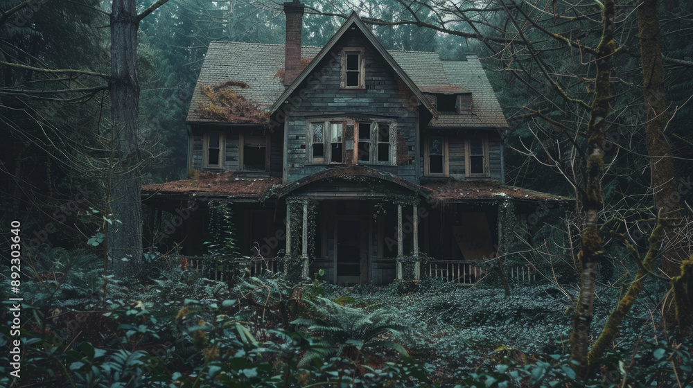 A creepy abandoned house in a forest with overgrown vegetation and a spooky vibe. A creepy abandoned house in a forest with overgrown vegetation and a spooky vibe.
