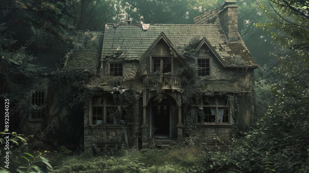 A creepy abandoned house in a forest with overgrown vegetation and a spooky vibe.