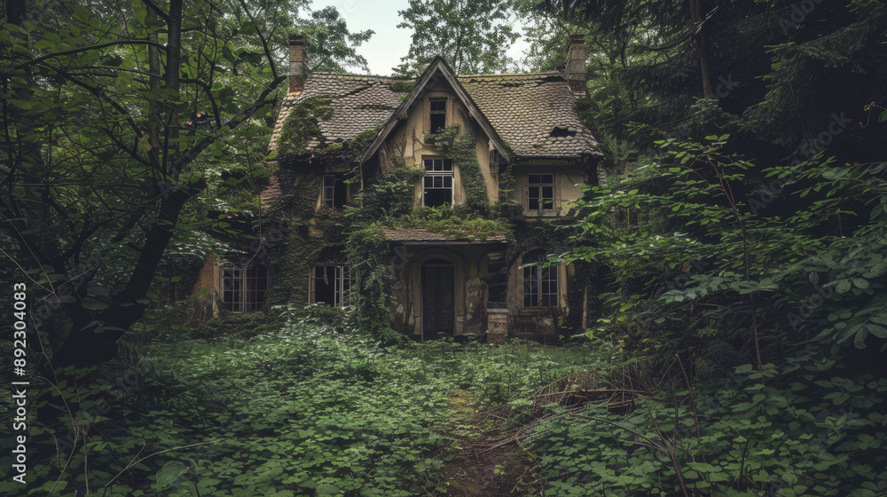 A creepy abandoned house in a forest with overgrown vegetation and a spooky vibe. A creepy abandoned house in a forest with overgrown vegetation and a spooky vibe.