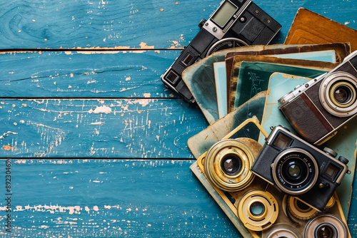 Vintage cameras and photo albums on rustic blue wooden background, nostalgic photography collection with retro equipment photo