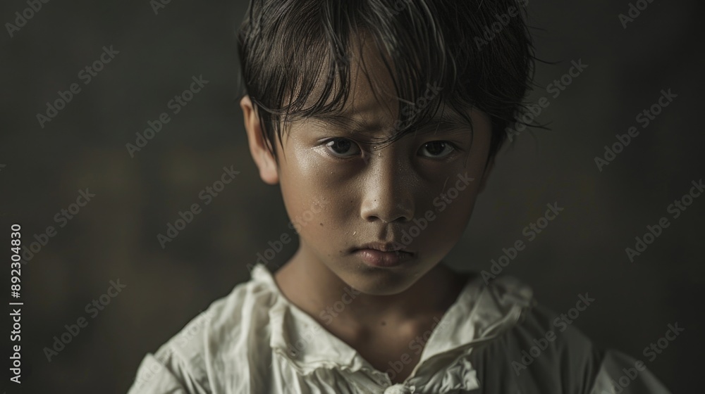 A young boy looking directly at the camera, wearing a white shirt and possibly waiting for something A young boy looking directly at the camera, wearing a white shirt and possibly waiting for something