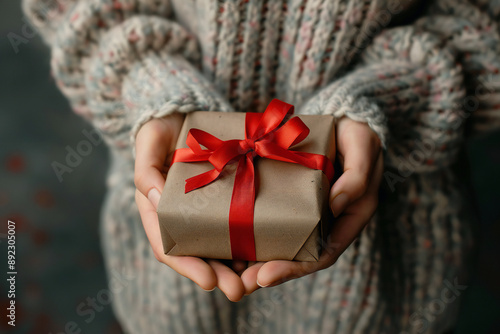 Hands Holding Gift Box with Red Ribbon for Special Occasions and Holiday Celebrations Copyspace