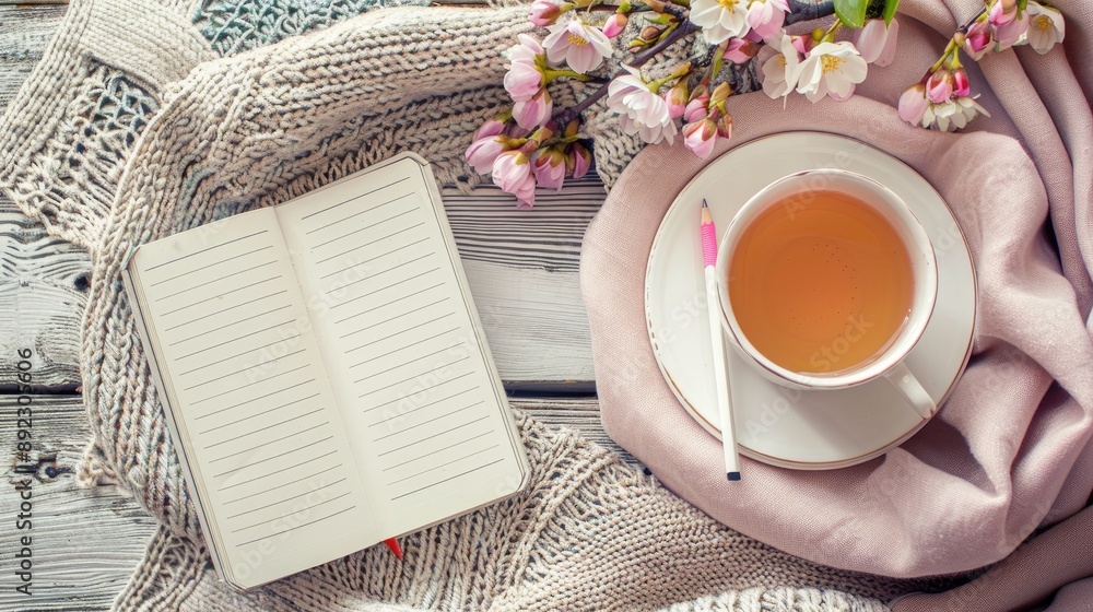 Cozy Feminine Sanctuary with Diary Pencil Flowers and Tea Cozy Feminine Sanctuary with Diary Pencil Flowers and Tea