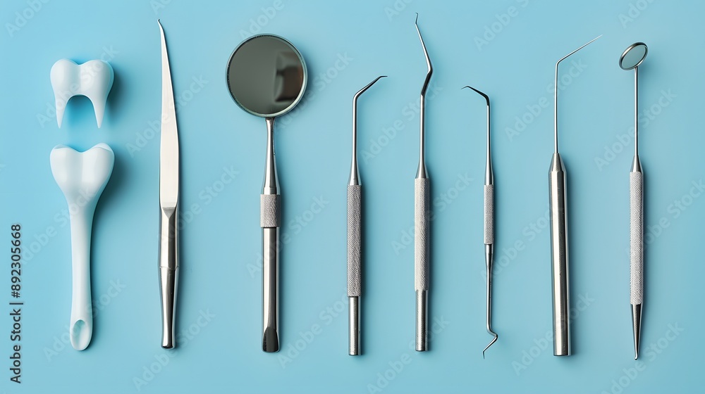Tooth and dental instruments on blue background. Dental treatment. Dentist tools mirror, hook, tweezers, syringe. Copy space for text. Tooth and dental instruments on blue background. Dental treatment. Dentist tools mirror, hook, tweezers, syringe. Copy space for text.