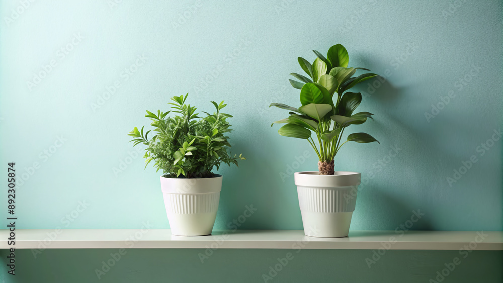 Two lush green potted plants with subtle contrasting leaves and delicate stems sit serenely on a crisp white shelf against a soothing light blue wall. Two lush green potted plants with subtle contrasting leaves and delicate stems sit serenely on a crisp white shelf against a soothing light blue wall.