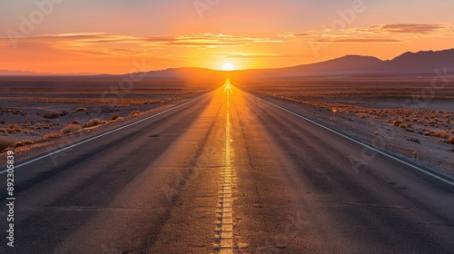 A beautiful sunset over an open road in the desert, symbolizing the journey ahead with the sky illuminated in vibrant hues of orange and yellow.