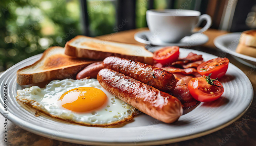 Breakfast with fried eggs, bacon, sausages and herbs and toast on plate. Hearty, nutritious food Breakfast with fried eggs, bacon, sausages and herbs and toast on plate. Hearty, nutritious food