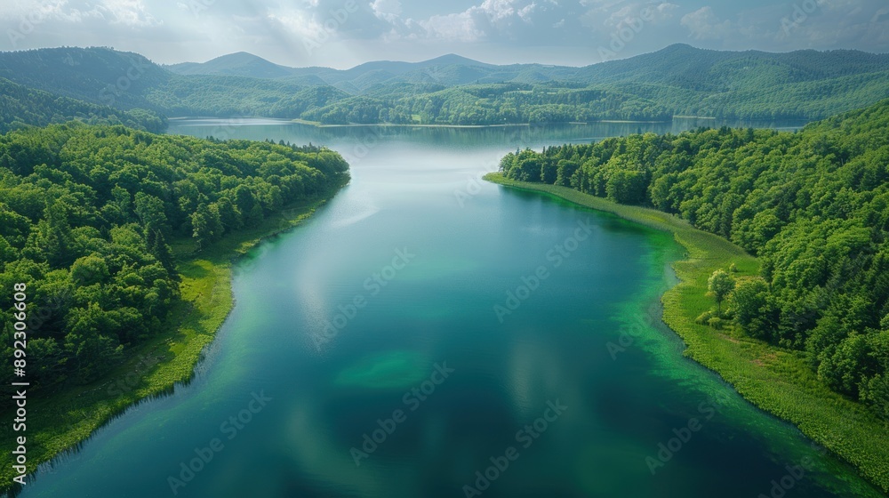 Aerial View of a Serene Lake Surrounded by Lush Green Foliage Aerial View of a Serene Lake Surrounded by Lush Green Foliage