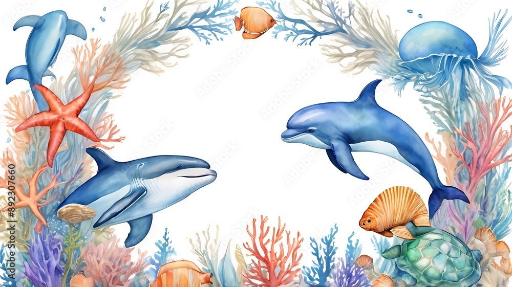 Obraz premium frame of sea animals. Blue watercolor ocean fish wreath, turtle, whale and coral. Shell aquarium mermaid submarine. 