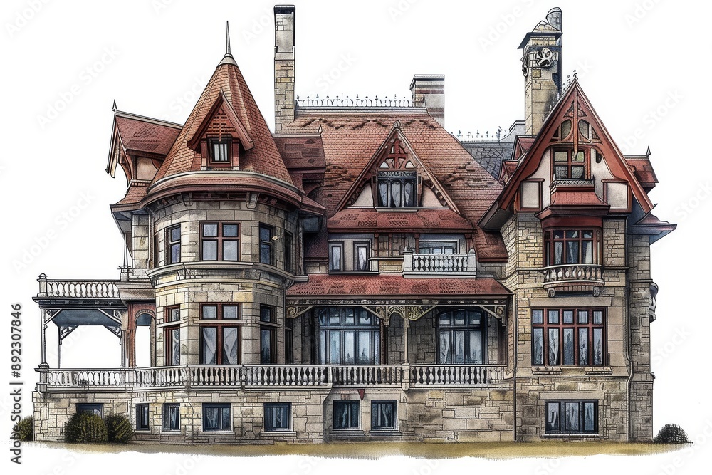 Fototapeta premium Illustration of grand stone mansion with red roof and towers on white background. Children's Book Illustration