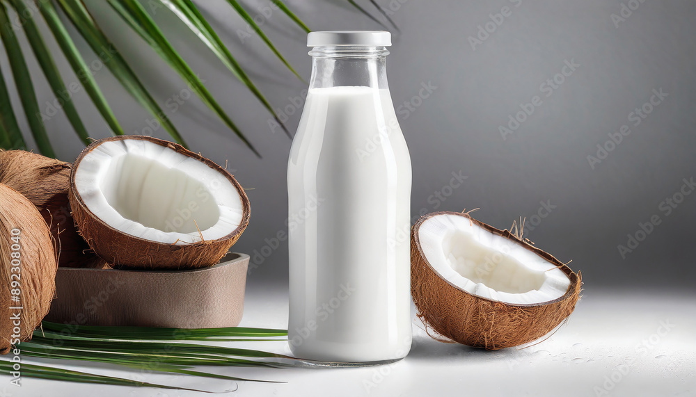 Glass bottle of fresh coconut milk with whole and cracked coconuts and green leaves. Beverage Glass bottle of fresh coconut milk with whole and cracked coconuts and green leaves. Beverage
