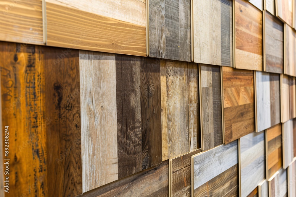Display of square-shaped wood laminate and vinyl tile samples. Display of square-shaped wood laminate and vinyl tile samples.