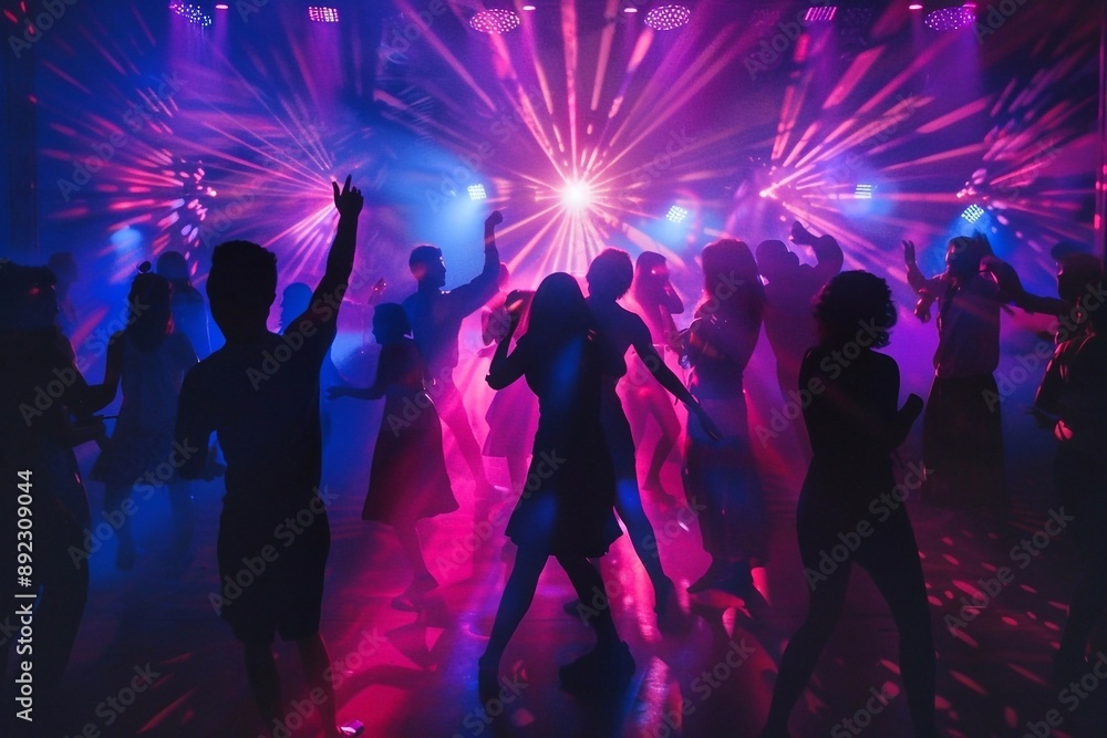 Silhouettes of dancing people in a nightclub with colorful laser rays Silhouettes of dancing people in a nightclub with colorful laser rays