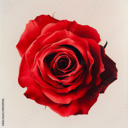 Illustration directly above red rose flower head isolated on pastel light beige background.